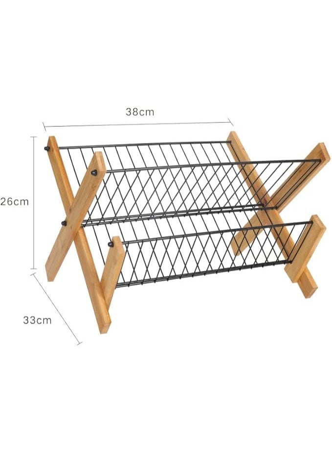 Orchid Wooden Dish Drying Rack 2 Tier, Bamboo Plate & Dish Organizer with Metal Wire Shelves, Kitchen Countertop Drying Stand, Space Saving Dish Drainer, Bamboo Kitchen Rack Dish Holder - Image 2